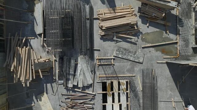 Drone Footage of Construction Supplies and Rebar Mesh