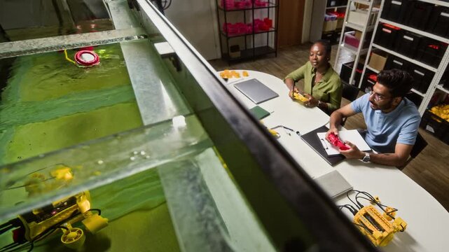 Young adult African American woman and Indian man testing underwater robotic vehicle in water tank, high angle view. Clip is perfect for marine technology and STEM education marketing