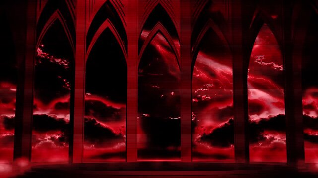 Digitalized Dark Red Gothic Arches &ndash; Crimson Storm Horror Background