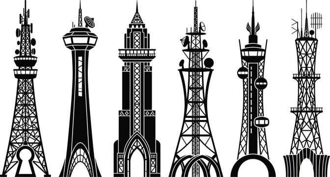 Communication Tower Silhouette Collection with Radio Antennas, Lattice Structures and Modern Architectural Details