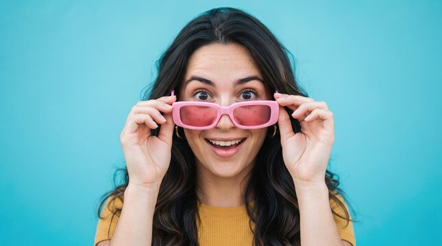 Excited young woman wearing pink 3d glasses looking directly at the viewer with a smile