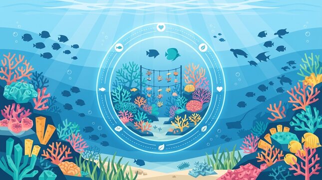 Coral Reef Conservation Sanctuary with Marine Biodiversity, colorful underwater ecosystem and protected restoration zone in modern flat vector style