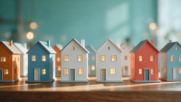 Colorful Miniature Toy Houses Arranged in a Row for Residential Property Market Concepts