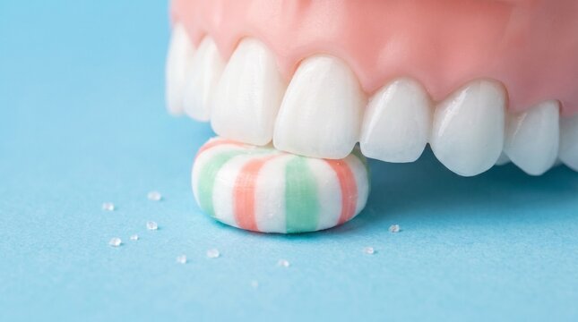 Teeth biting striped mint candy on blue background