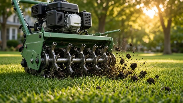Lawn Aerator Machine Extracting Soil Plugs from a Green Residential Garden Yard in the Sunlight