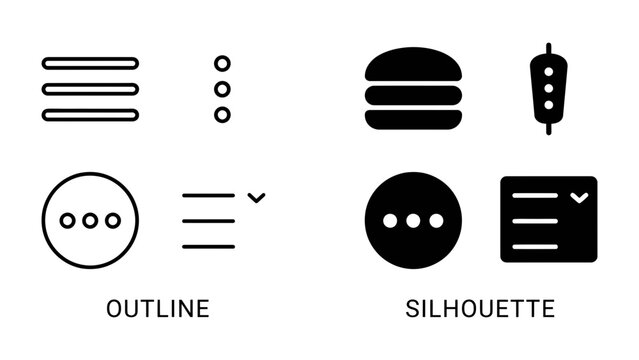 UI Elements Set: A collection of outline and silhouette icons including hamburger menu, three dots, and dropdown indicators, presented in a clean design.