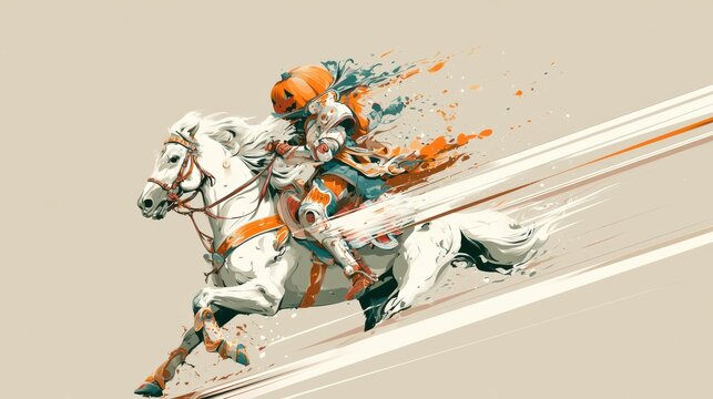 A spooky Halloween Pumpkin knight rider horse, a vetor style mysterious seasonal adventure with fantasy elements sticker.
