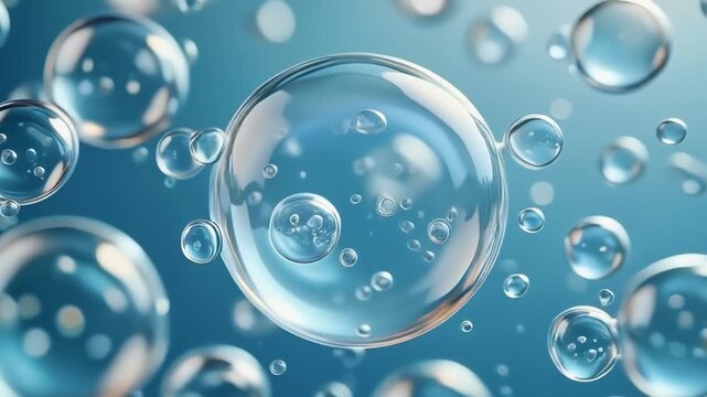 Abstract Close-up of Transparent Water Bubbles on Blue Background