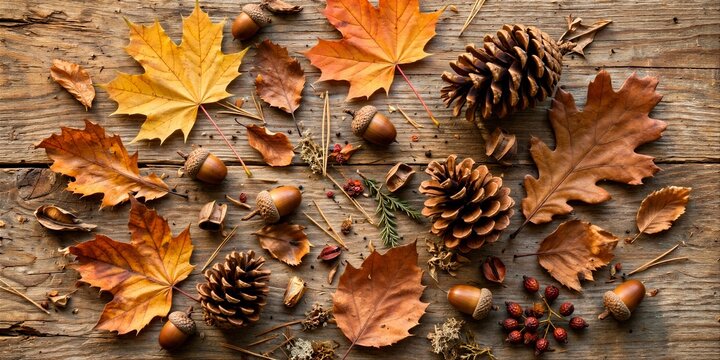 Autumn Leaves Pine Cones and Acorns on Rustic Wood Background