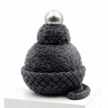 Modern Abstract Sculpture with Fluffy Fur and Metallic Chrome Sphere