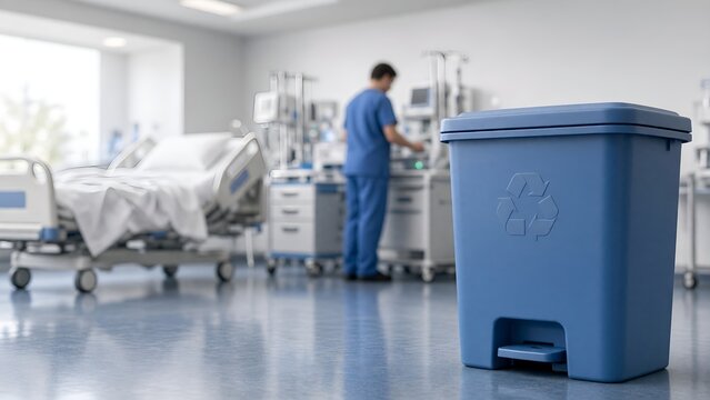 Blue Recycling Bin Placed in a Hospital Room with a Healthcare Professional Working Nearby