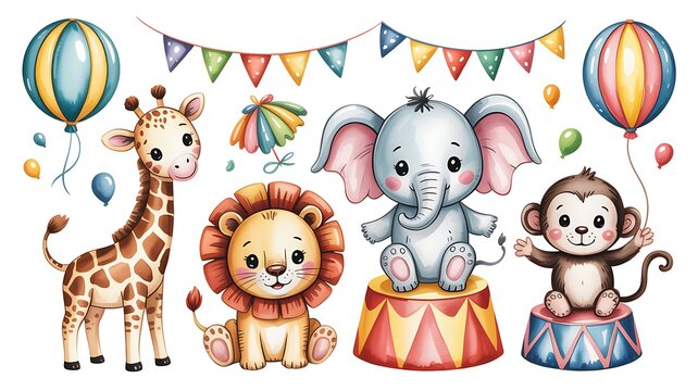 Cute circus animals set, watercolor illustrations for nursery. Baby giraffe, lion, elephant, seal and monkey with balloons and garlands. Hand drawn circus clipart collection isolated on white.