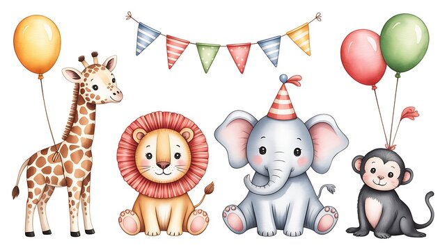 Cute circus animals set, watercolor illustrations for nursery. Baby giraffe, lion, elephant, seal and monkey with balloons and garlands. Hand drawn circus clipart collection isolated on white.