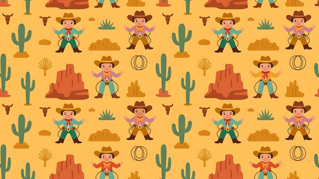 Cute Rodeo Cowboys seamless vector pattern. desert landscape with cacti repeating background. Wild West surface pattern design for All fabric and Prints