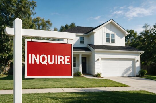 Residential House Featuring a Red Inquire Sign for Potential Buyers and Real Estate Market Sales