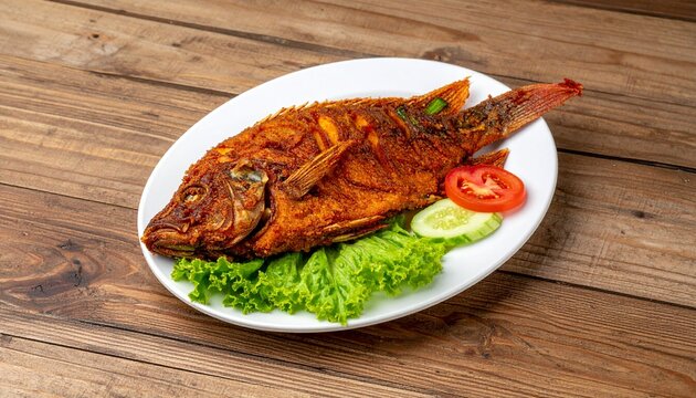Crispy Deep Fried Whole Tilapia Fish Served with Fresh Lettuce and Sliced Tomato Garnish on a Rustic Wooden Table Background