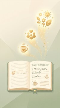 Open diary listing coffee, family, and nature with glowing icons. Visualizes mindfulness and positive thinking. Useful for wellness blogs or mental health apps.