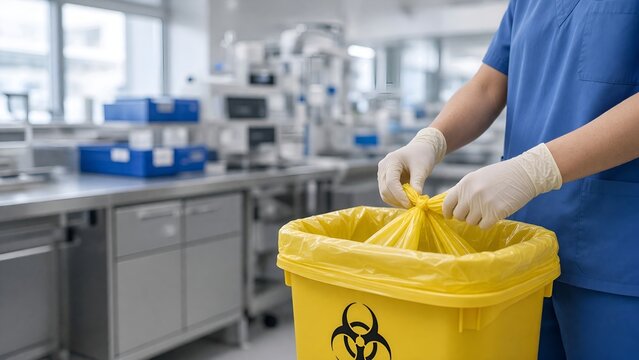 Medical Professional Disposing of Clinical Waste in a Yellow Biohazard Container Bin