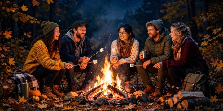Friends Roasting Marshmallows Around Autumn Campfire