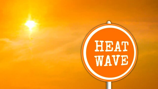 Heatwave sign on orange sky background and shining sun. Heatwave concept. Extreme weather. global warming effects