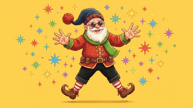 Joyful christmas elf celebrates with confetti and a festive happy expression