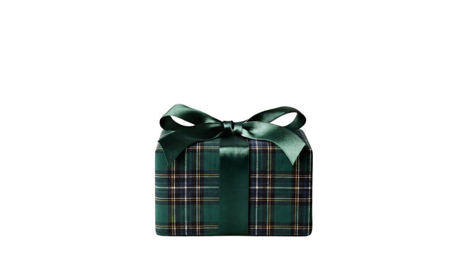 Plaid wrapped gift box with a dark green ribbon