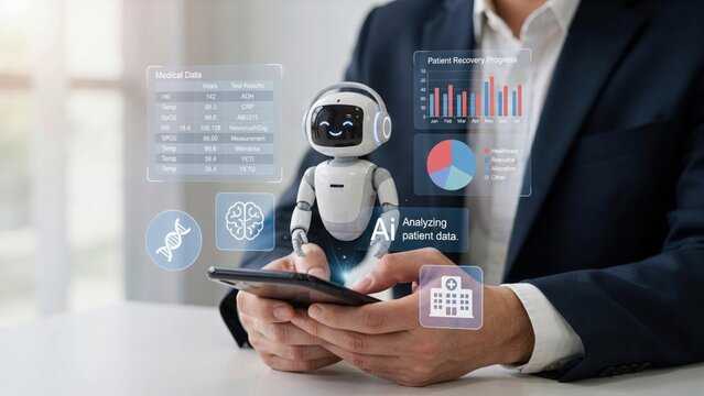 A person in a suit uses a smartphone with a floating 3d robot avatar and holographic digital medical data charts and healthcare displayed