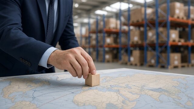 Businessman Placing Wooden Block on Global Map for International Logistics and Supply Chain Planning