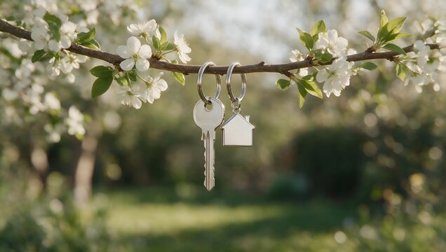 Keys with a House Shaped Keychain Hanging on a Blooming Tree Branch in Springtime