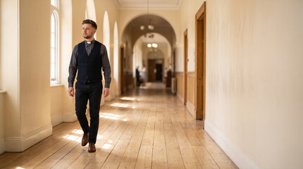 Fototapeta premium Clergyman in waistcoat walking down historic hallway with arched windows