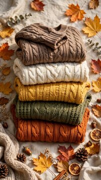 Stack of Knitted Sweaters With Autumn Leaves and Cozy Decor