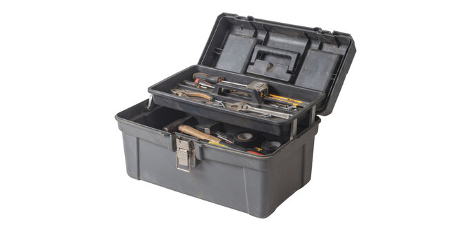Open plastic toolbox filled with tools