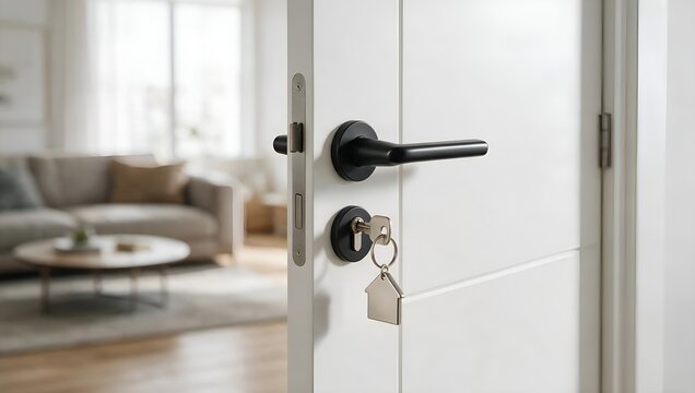 Modern White Door Featuring a Key with a House Shaped Keychain Opening to a Living Room Interior