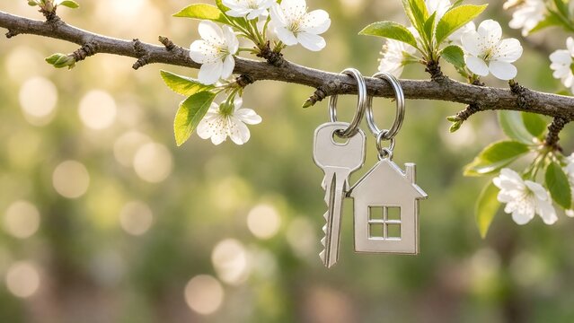 Keys with House Shaped Keychain Hanging on a Blooming Branch in Spring Sunshine