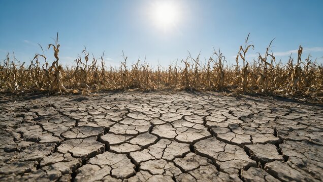 Severe Drought Conditions Devastating Dried Corn Crops in Parched Arid Agricultural Fields