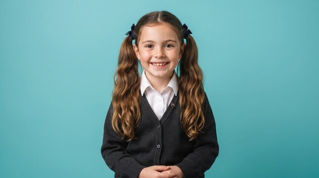 Cheerful young schoolgirl in uniform smiles brightly at the camera on a teal background