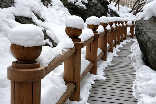 Snow covered wooden bridge railing posts along winter garden boardwalk path.
