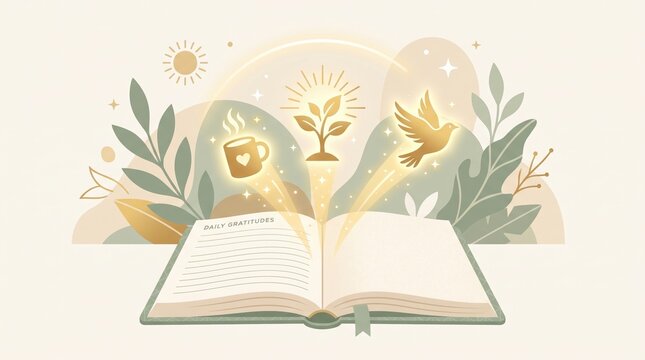 Open gratitude journal with glowing icons of coffee, growth, and peace. Soft botanical background reflects mindfulness and self care. Perfect for wellness and mental health content.