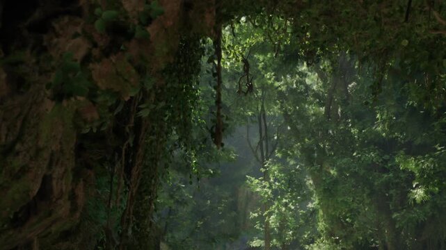 A dense forest shows trees and plants in various shades of green. Sunlight filters through the leaves, creating a bright scene. Leaves hang down from rocks.