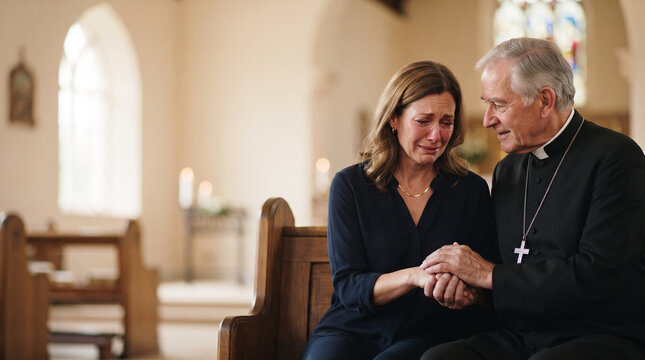 Crying woman comforted by clergyman in church pew during somber moment