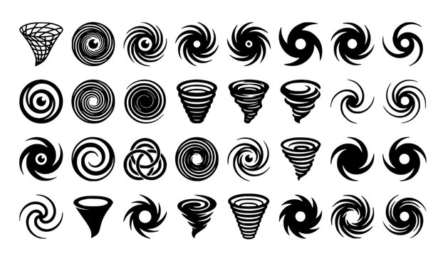 Black Funnel Swirl Vortex Tornado and Hurricane Symbol Collection Vector Set