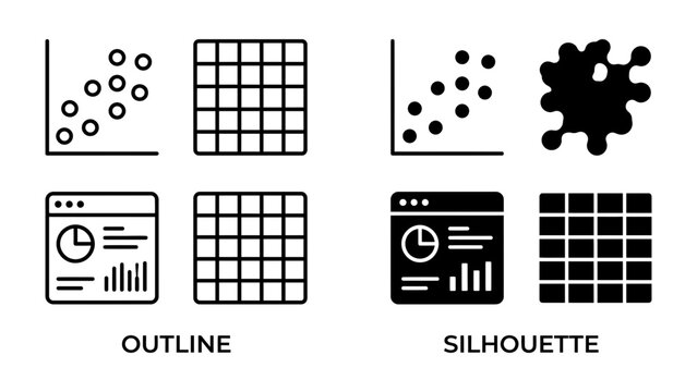Data Visualization Icons: A set of clean, modern icons illustrating various data visualization concepts, including scatter plots, grids, charts.