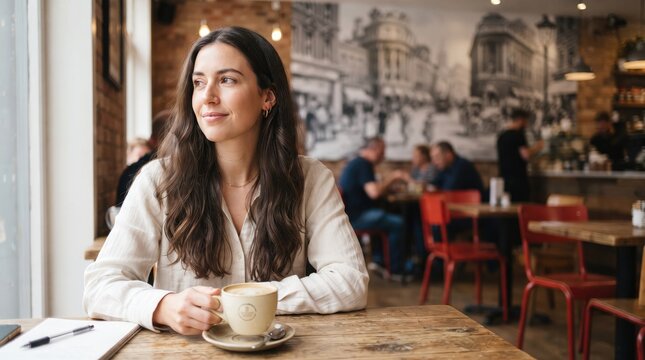 Woman enjoying coffee and a quiet moment in a bustling cafe near a window