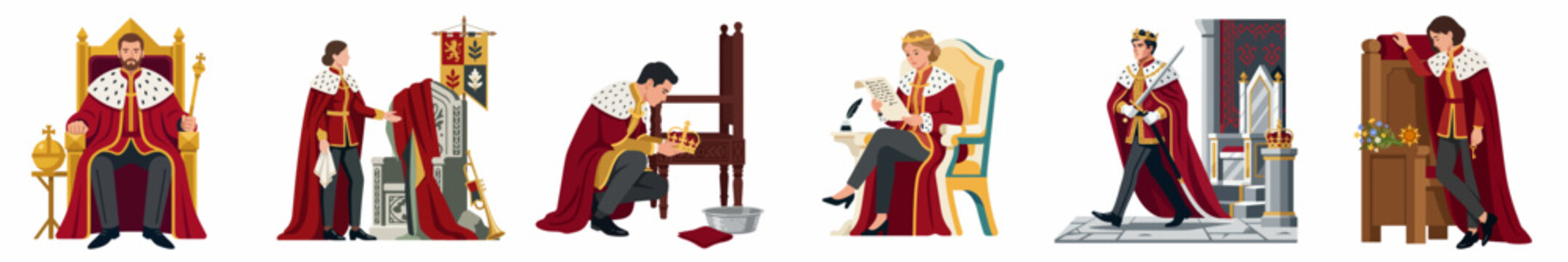 Flat vector illustration set of a king in different royal settings, from sitting on a golden throne to kneeling before a guillotine.