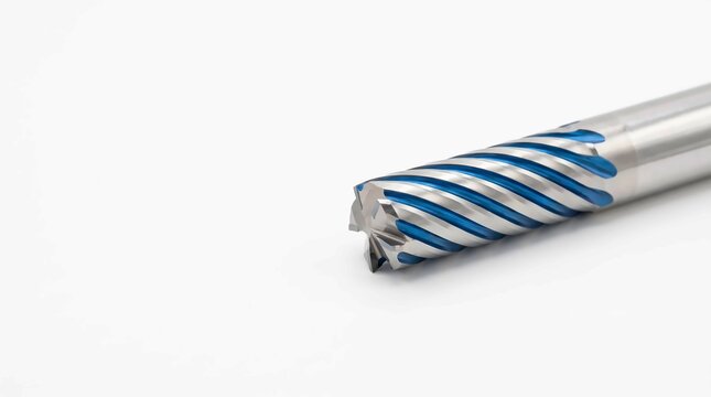 Tungsten carbide end mill cutter featuring sharp helical flutes and metallic blue coating for precision industrial metal machining tasks today