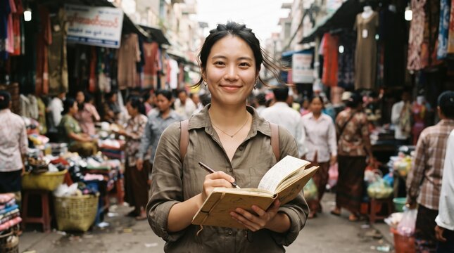 Young asian woman smiles while holding a sketchbook in a bustling outdoor market