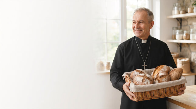 Priest in cassock holding basket of fresh bread in rustic kitchen