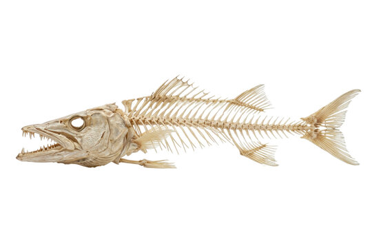 Dried predatory fish skeleton with sharp teeth isolated on black background