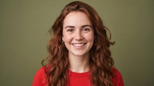 Smiling young woman with red hair posing for a portrait against a green background