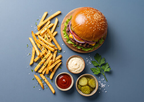 Burger and Fries Feast: A delicious burger with all the fixings, crispy golden fries, and a selection of condiments served against a cool-toned backdrop, creating an appetizing still life.